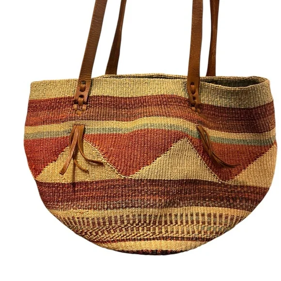 Vintage Raffia Woven Shoulder Bag Boho Beach Bucket Leather Strap Large Brown - Picture 7 of 9